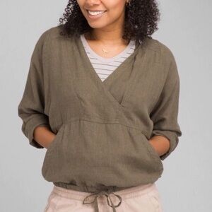 Prana Hemp Vapor Bowry Top Long Sleeve Rye Green Drawstring Hem SMALL